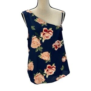 Seven Sisters Sleeveless One Shoulder Floral Rose Print Blouse - Blue Pink Green